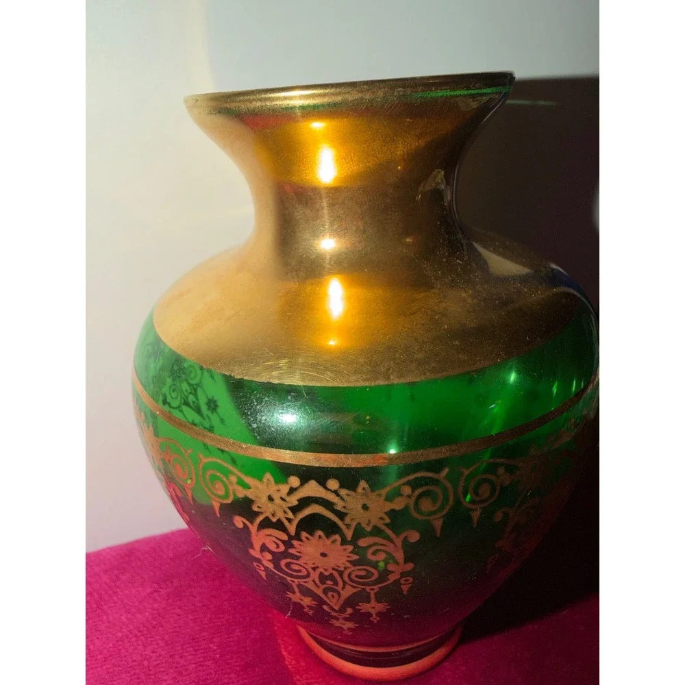 Vintage Vecchia Murano Emerald Green Art Glass Vase 24K Gold Gilt Baroque Italy